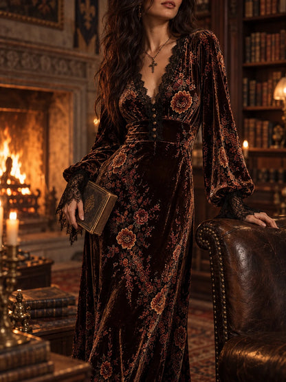 Vintage Velvet Floral Lace V Neck Puff Sleeve Evening Dress