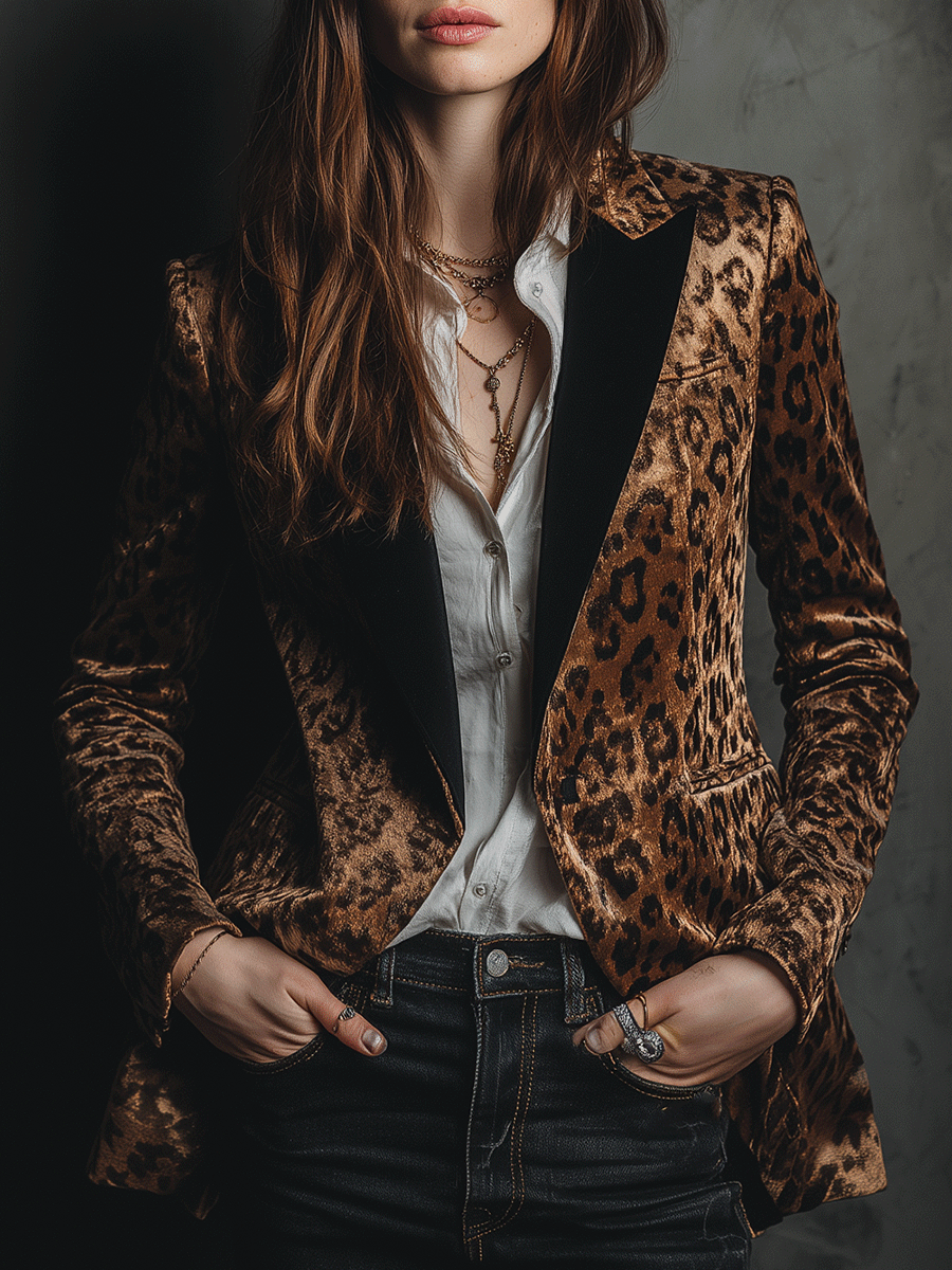 Vintage Brown Velvet Leopard Tailored  Blazer