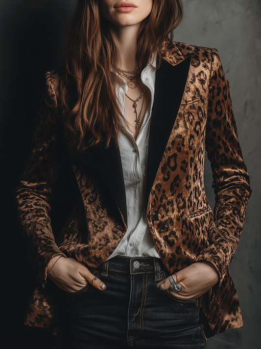 Vintage Brown Velvet Leopard Tailored  Blazer