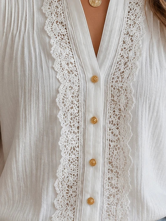 White Lace Trim Pintuck Blouse