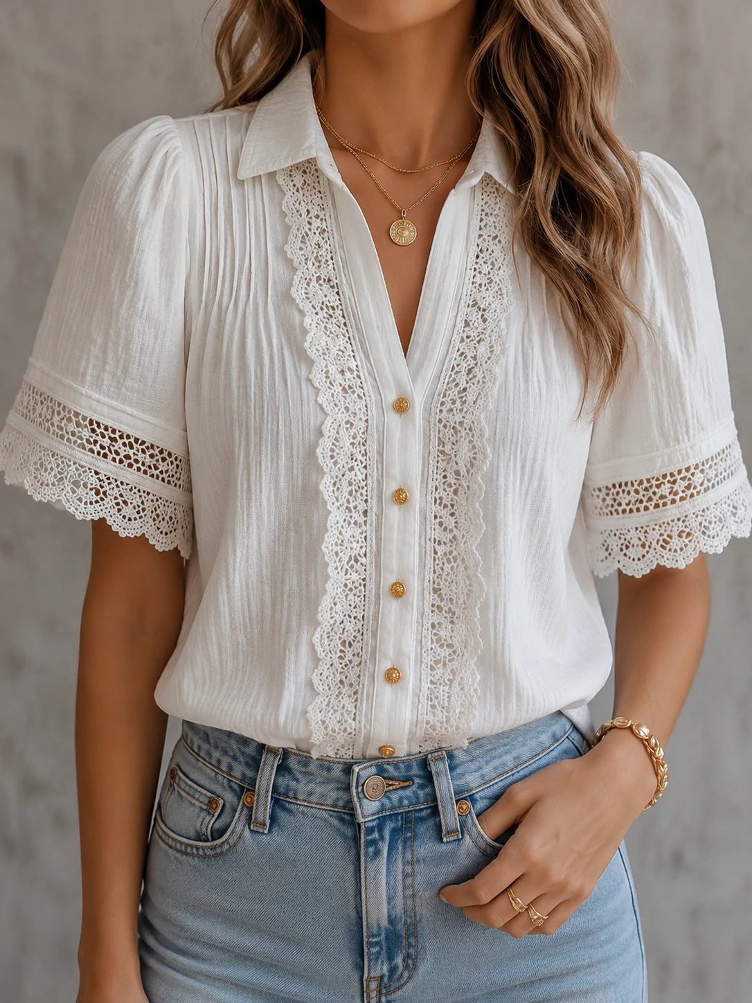 White Lace Trim Pintuck Blouse