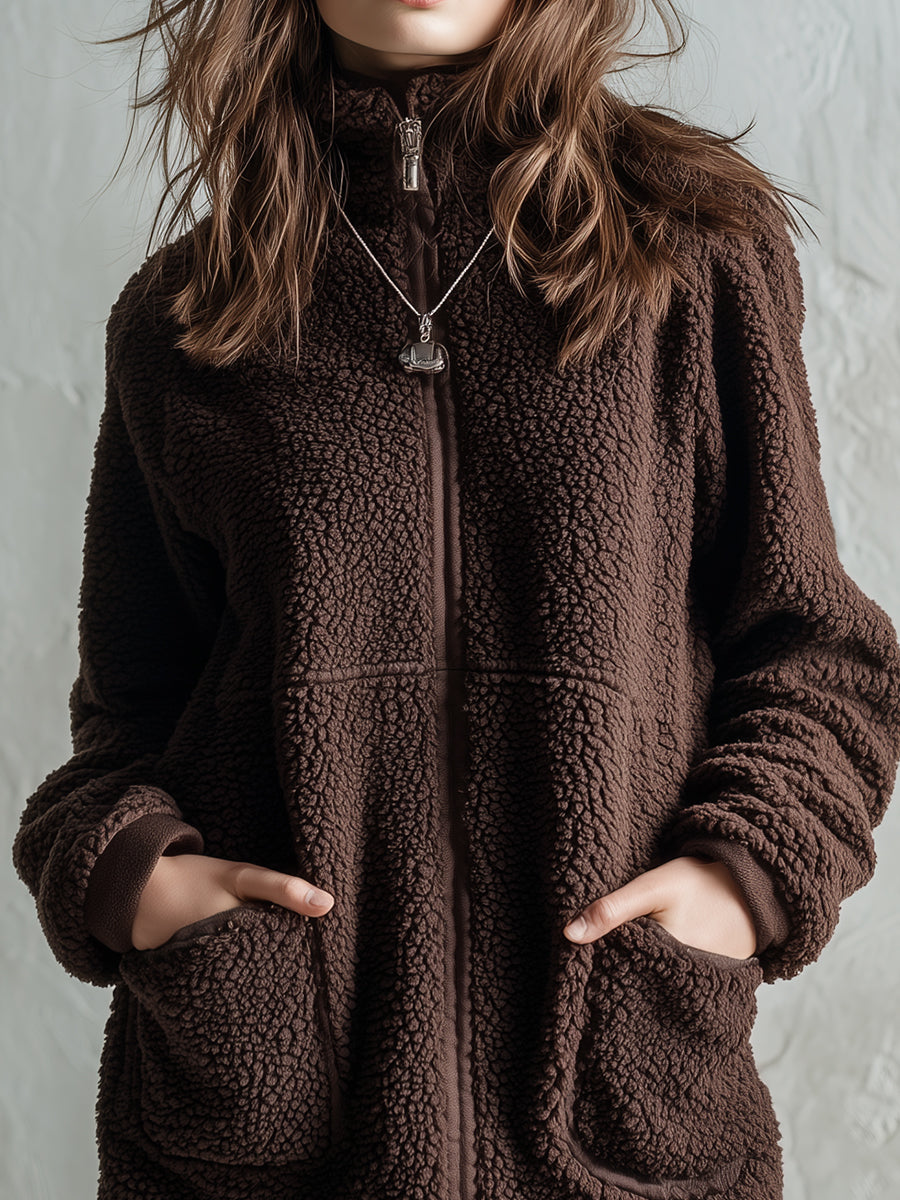 Stylish Polar Fleece Front Zipper Straight Mini Dress