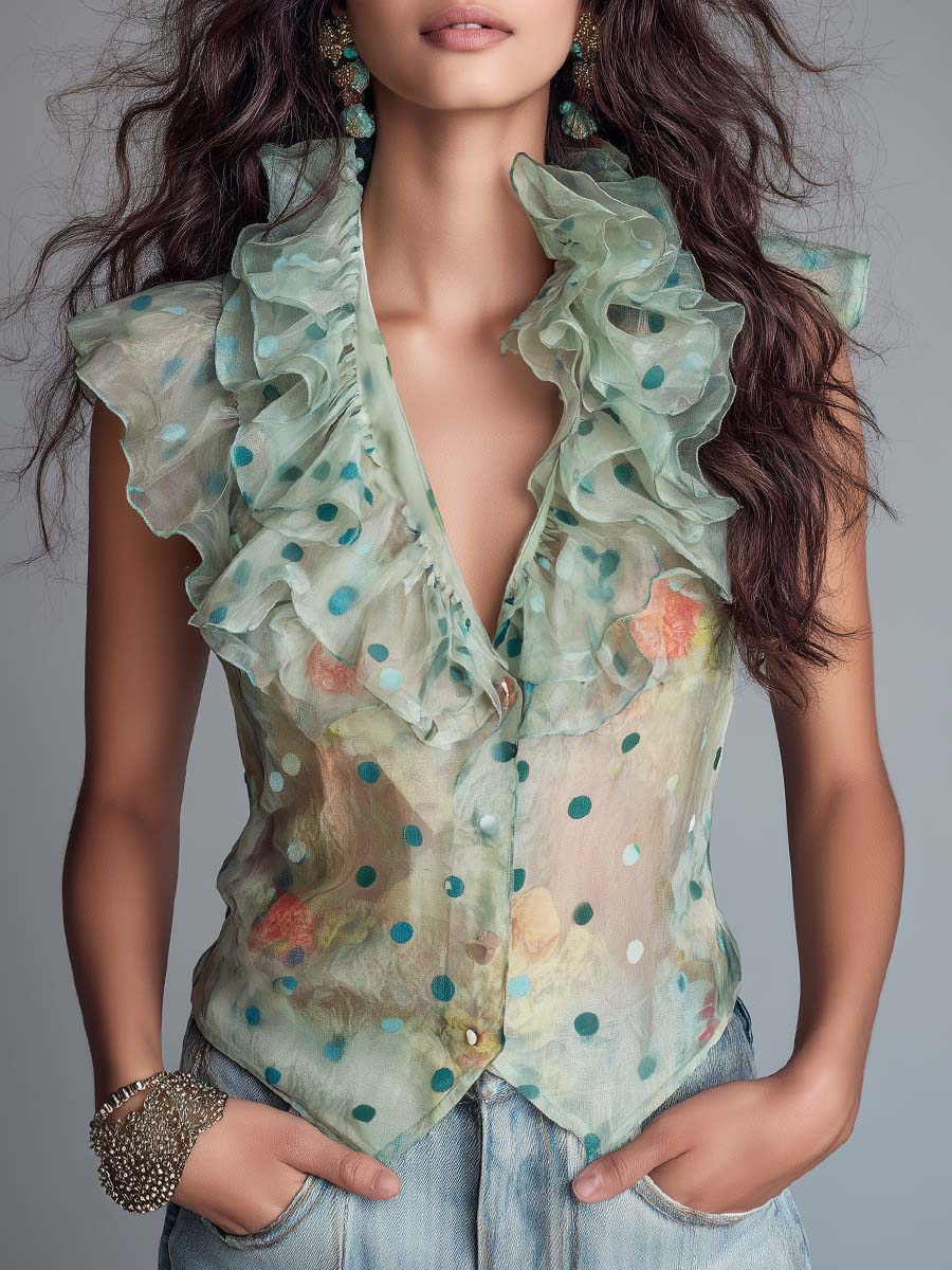 Vintage Boho Polka Dot Ruffled Sheer Blouse Top