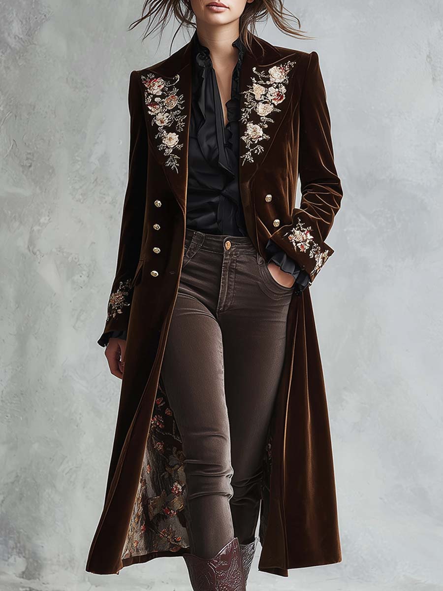 Chocolate Velvet Embroidered Long Coat With Gold Buttons