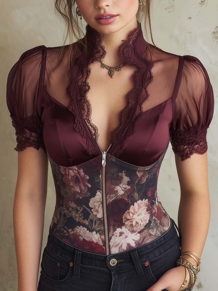 Retro Oil Painting Printed Sheer Sleeves Polyester Satin Blouse