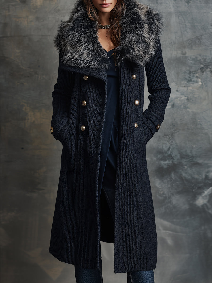 Quiet Luxury Ribbed Knitted Large Lapel Removable Fur Collar Coat