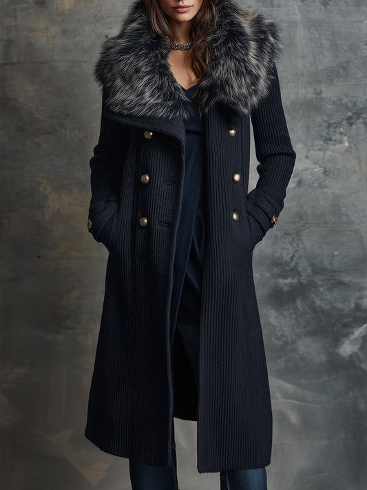 Quiet Luxury Ribbed Knitted Large Lapel Removable Fur Collar Coat