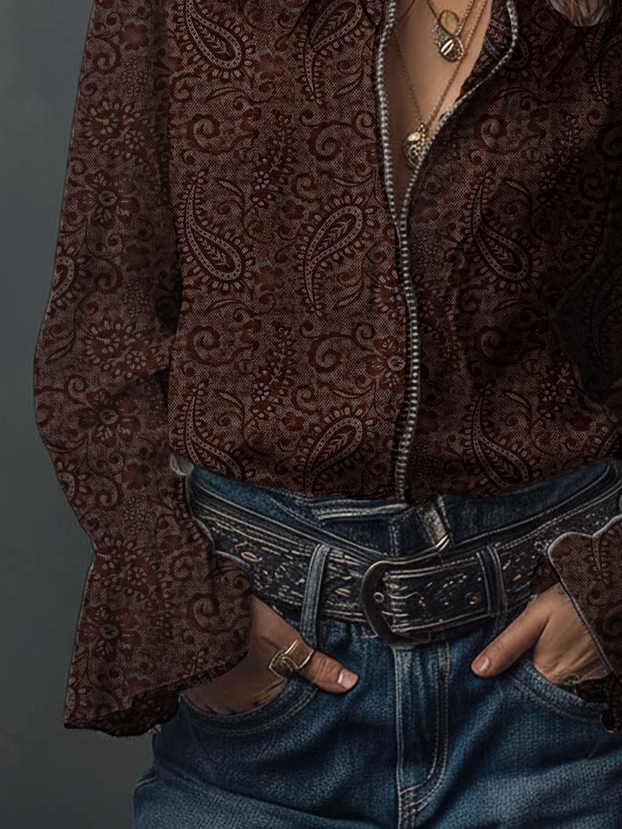 Retro Paisley Mesh Ruffle Sleeve Blouse