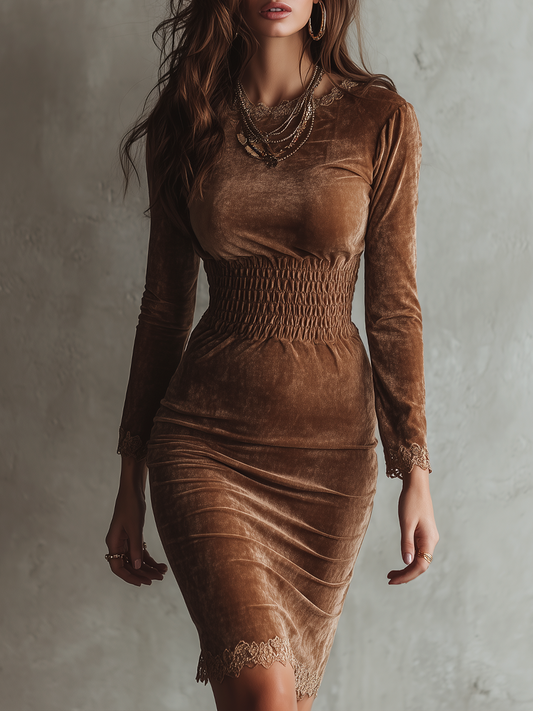 Retro Pleated Waist Lace Trim Bodycon Dress