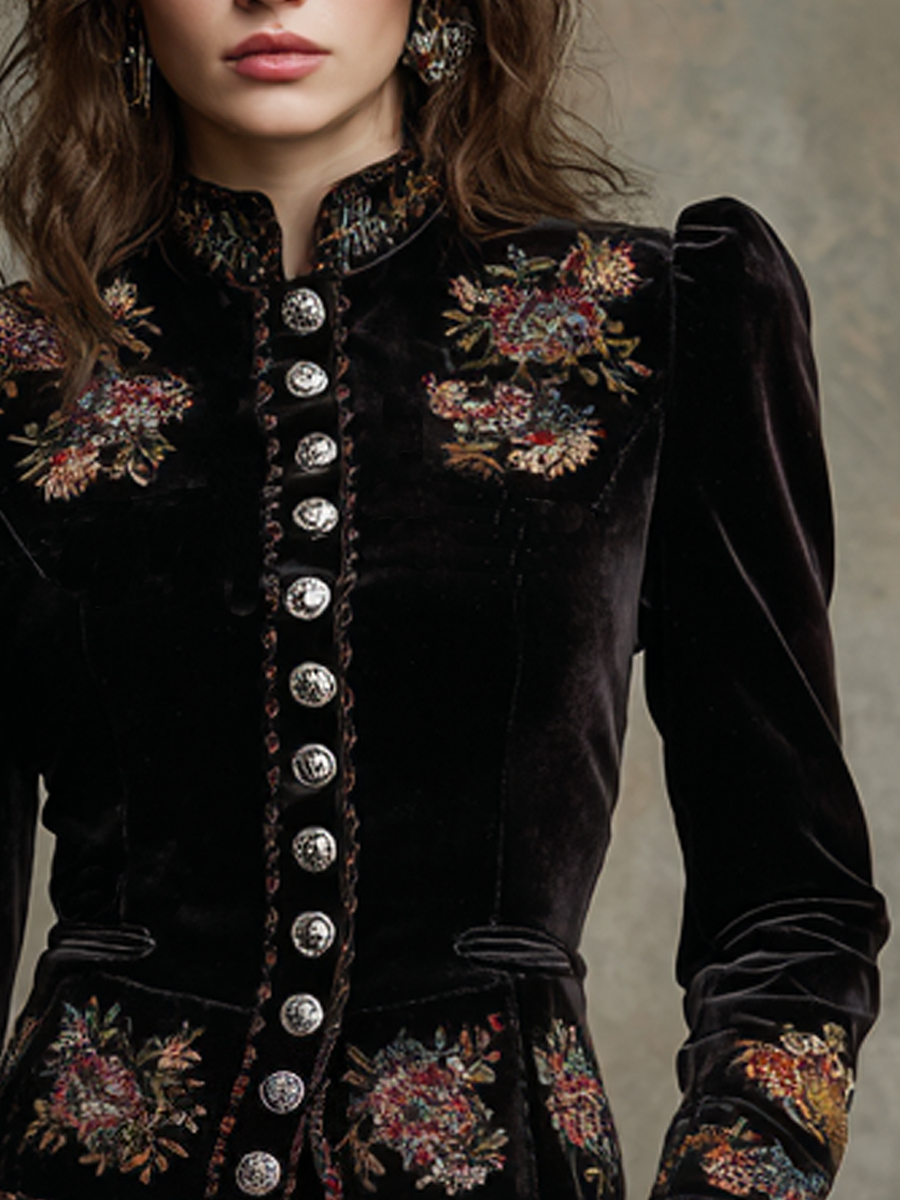 Vintage Embroidered Polyester Velvet Slim Jacket