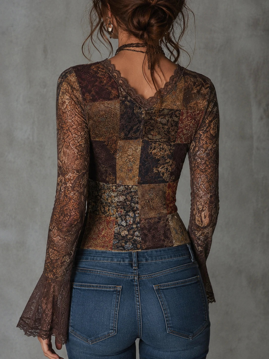 Retro Boho Patchwork Floral Print Lace Trim Top