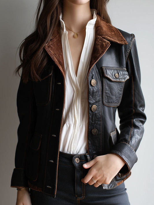Vintage Reversible Eco Leather-Corduroy Dual-Style Jacket