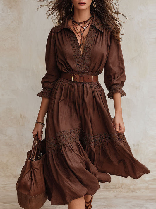 Stylish Lace Patchwork Shirt Midi Dress