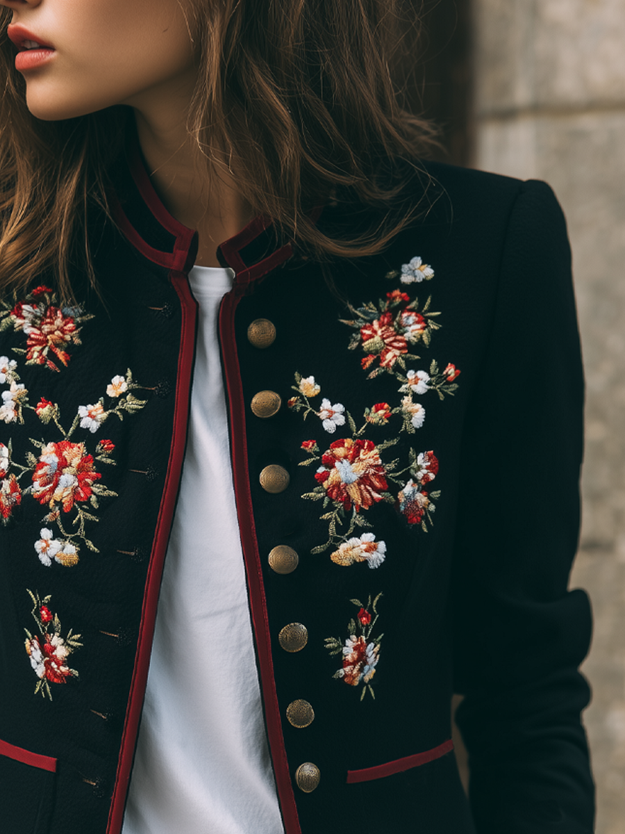 Retro Contrasting Trim Embroidered Jacket