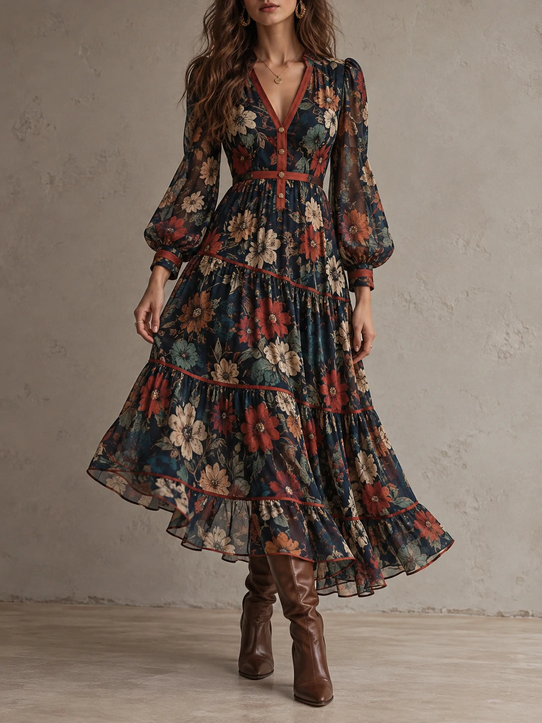 Vintage Floral Balloon-Sleeve Tiered Midi Dress