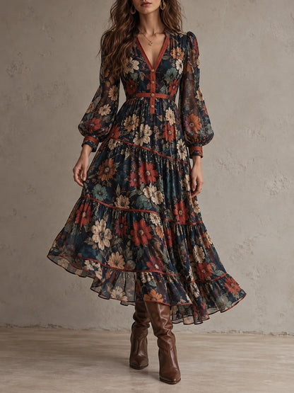 Vintage Floral Balloon-Sleeve Tiered Midi Dress