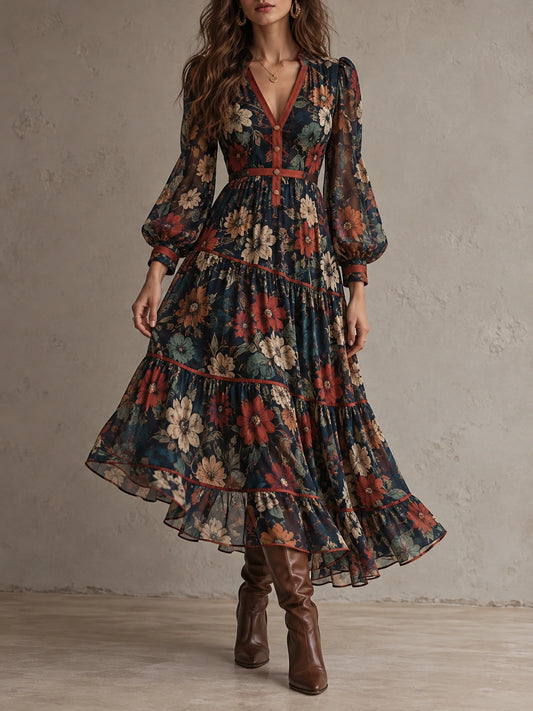 Vintage Floral Balloon-Sleeve Tiered Midi Dress
