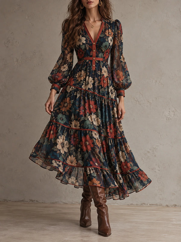 Vintage Floral Balloon-Sleeve Tiered Midi Dress