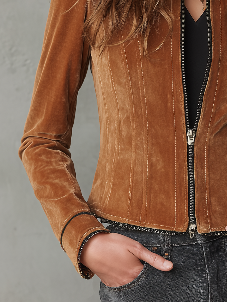 Retro Contrast Color Trim Zipper Velvet Jacket