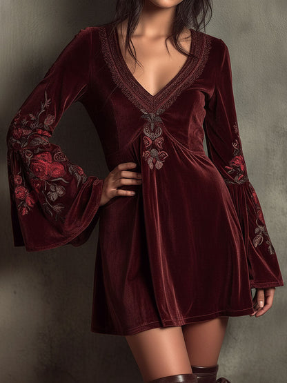Boho Bell-Sleeve Burgundy Velvet Embroidered Mini Dress
