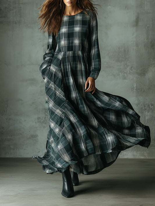 Retro Cotton-blend Plaid Printed Loose Maxi Dress