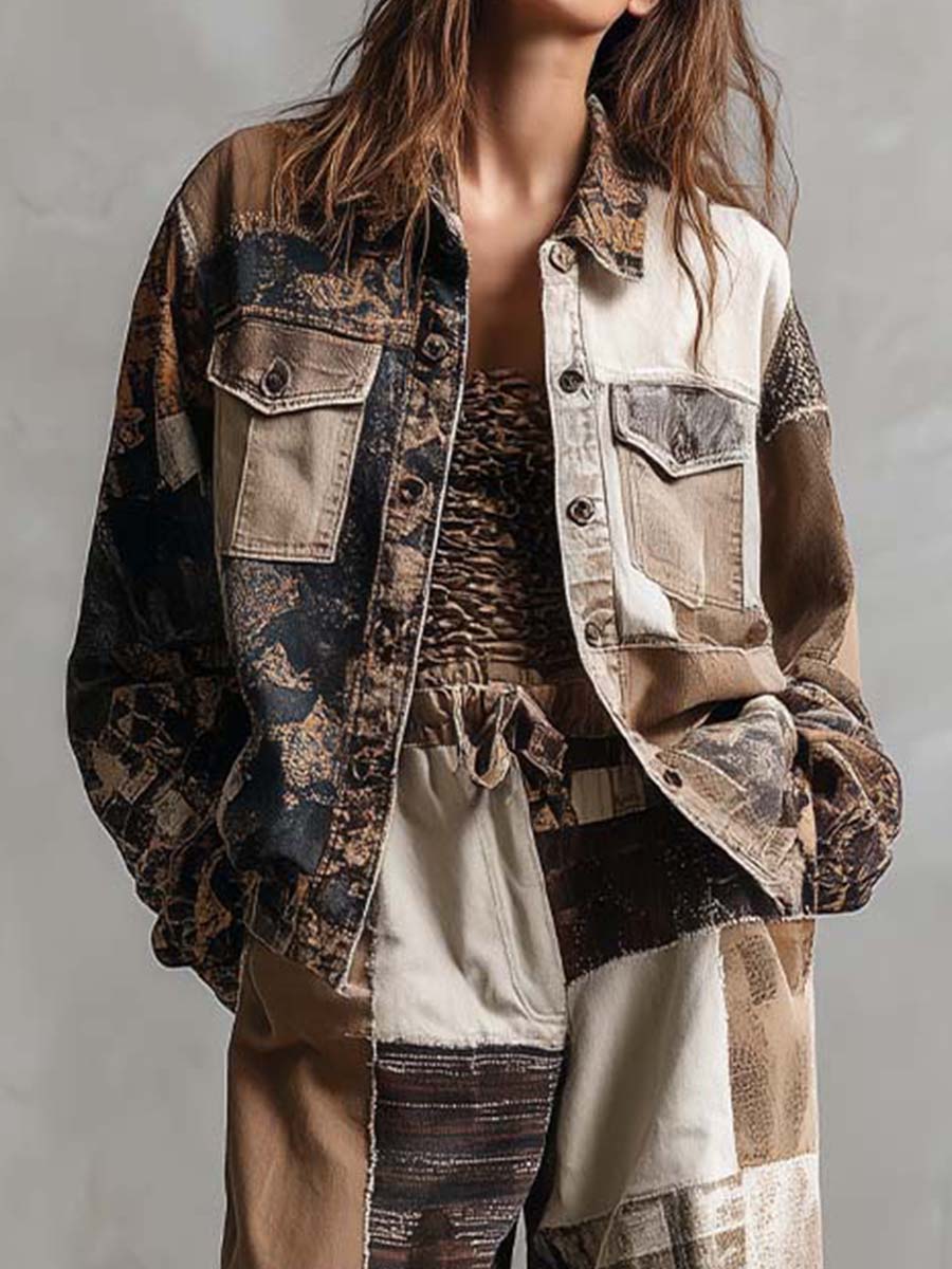 Patchwork Printed Utility Jacket & Pants Set