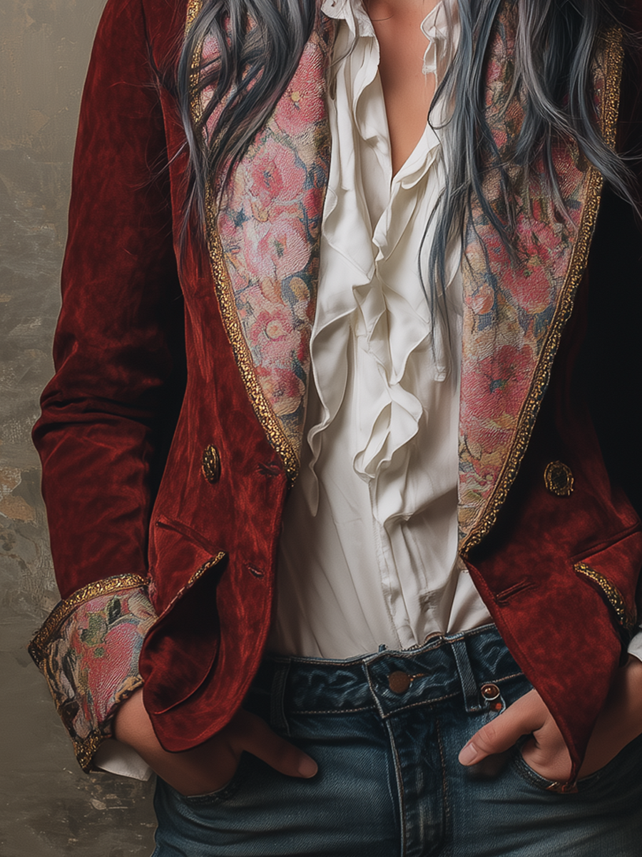 Vintage Floral Print Gold Trim Polyester Suede Blazer