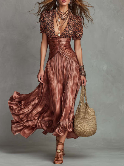 Leopard Print Pleated Midi Dress