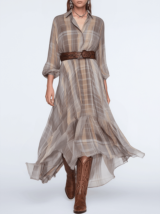 Elegant Light Grey Plaid Maxi Dress