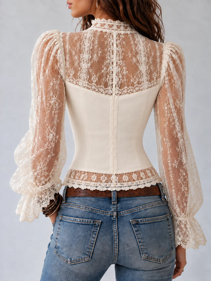 Cream Victorian Lace High-Neck Corset Blouse