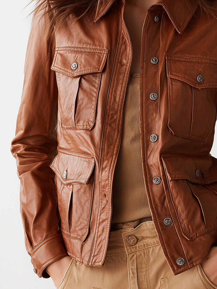 Vintage Classic Caramel Utility Leather Jacket