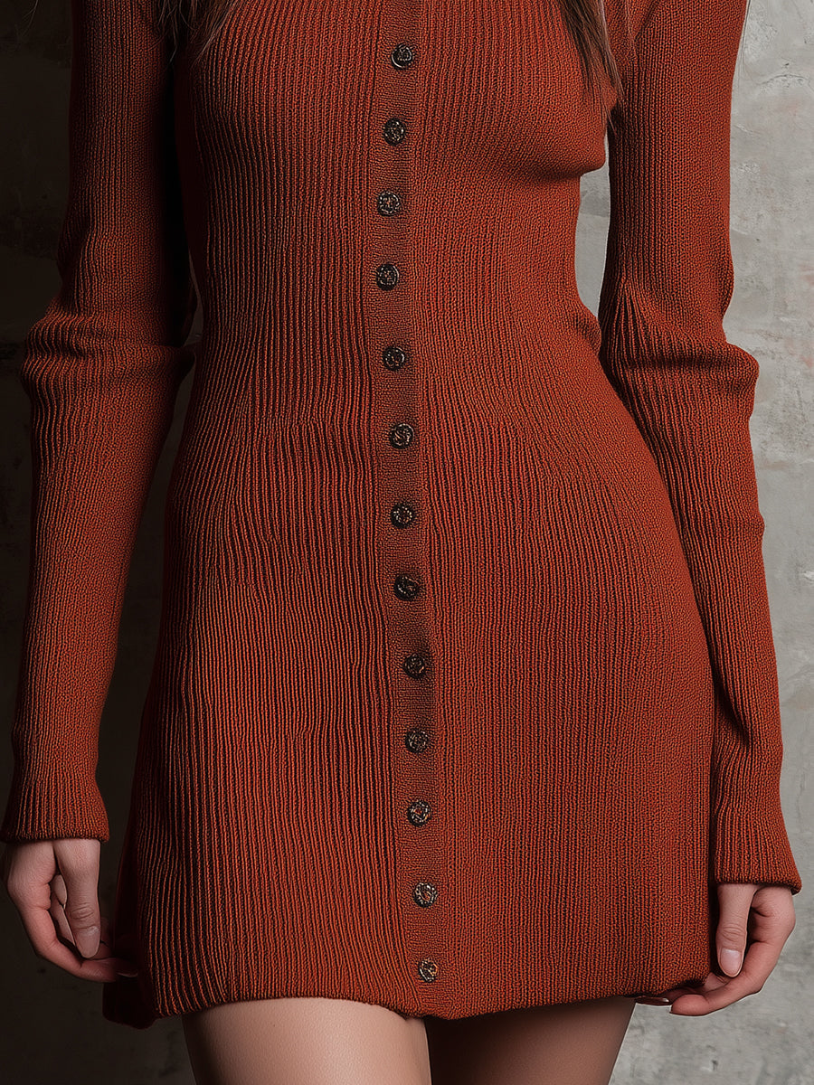 Retro Slim-fit Button-embellished Knitted Mini Dress