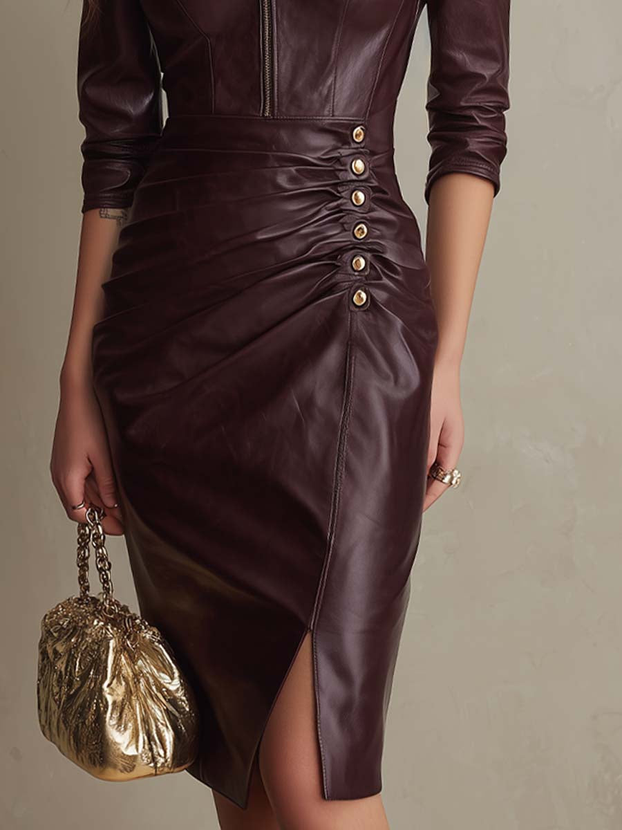Vintage Zipper Collar Metal Buttons Faux Leather Midi Dress
