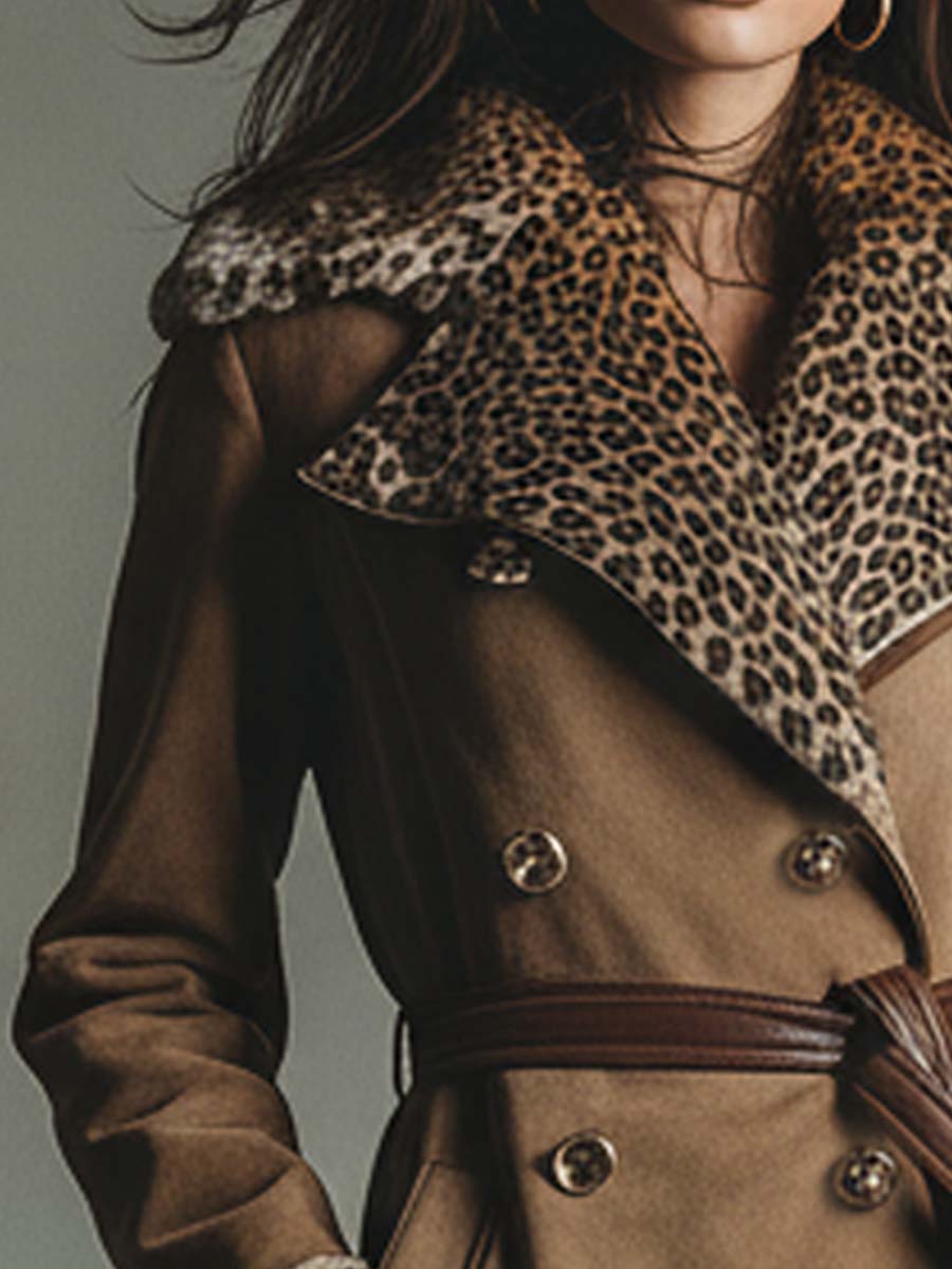 Camel Eco-Suede Trench Coat With Leopard Faux Fur Collar And Printed Lining