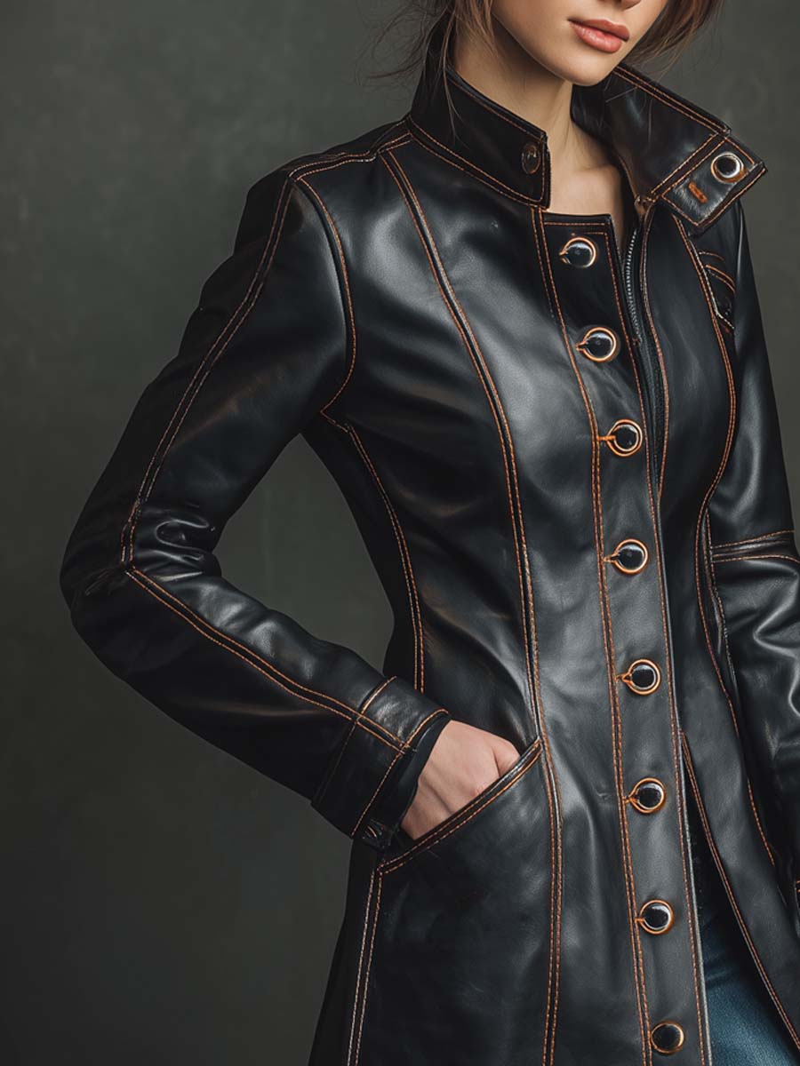 Vintage Contrasting Stitching Faux Leather Long Jacket