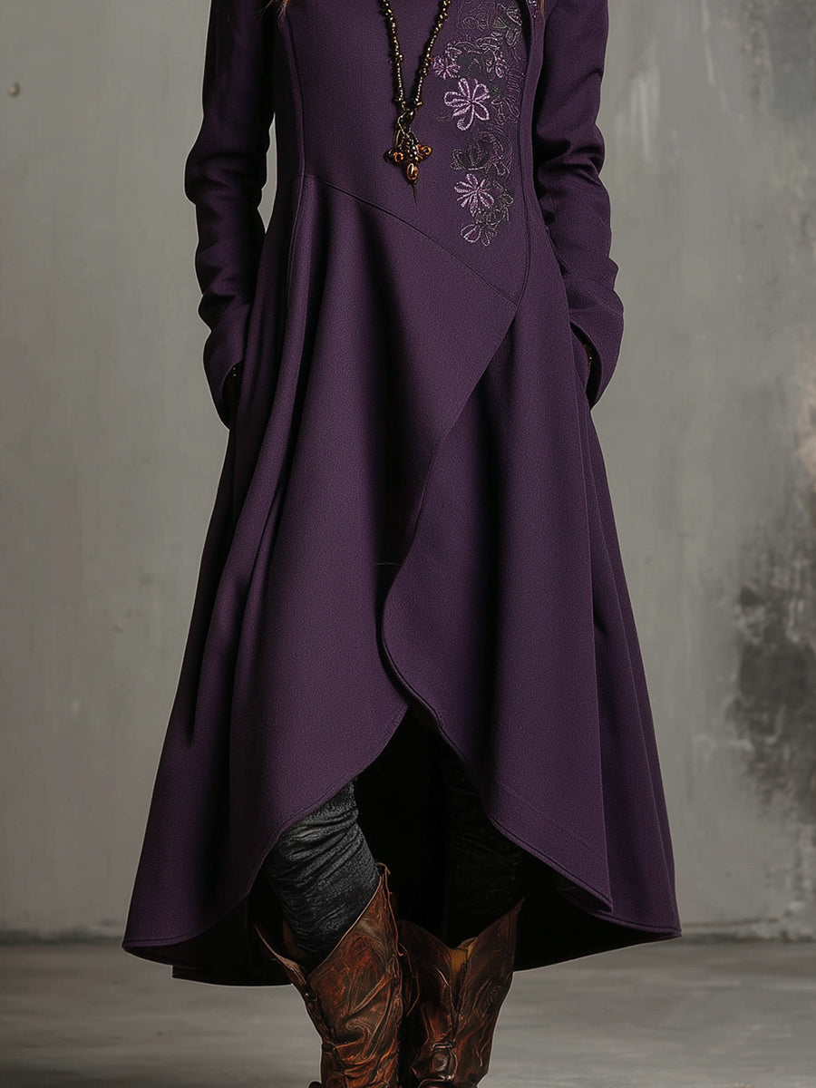 Retro Embroidered Ruffled High Low Hem Woolen Coat