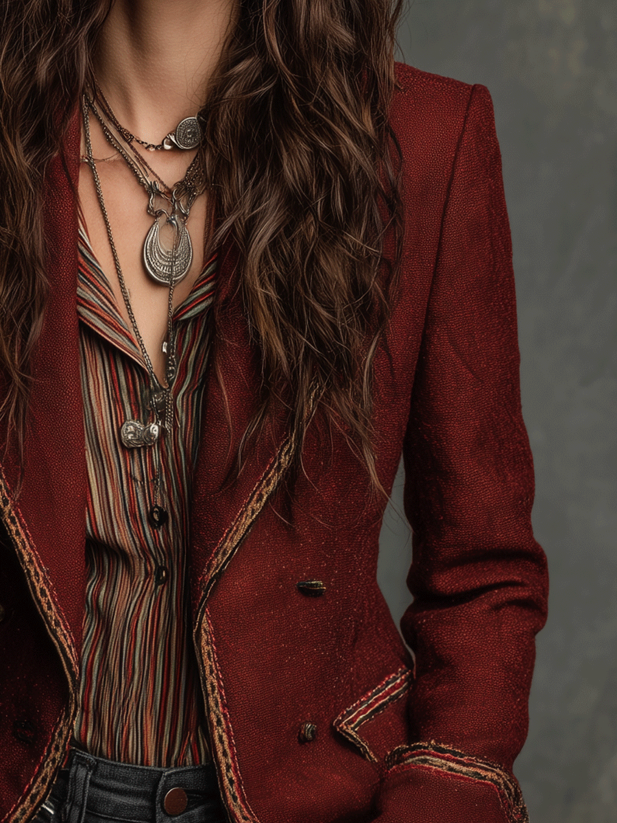 Rust Red Wool-Blend Tailored  Contrast Trim Blazer