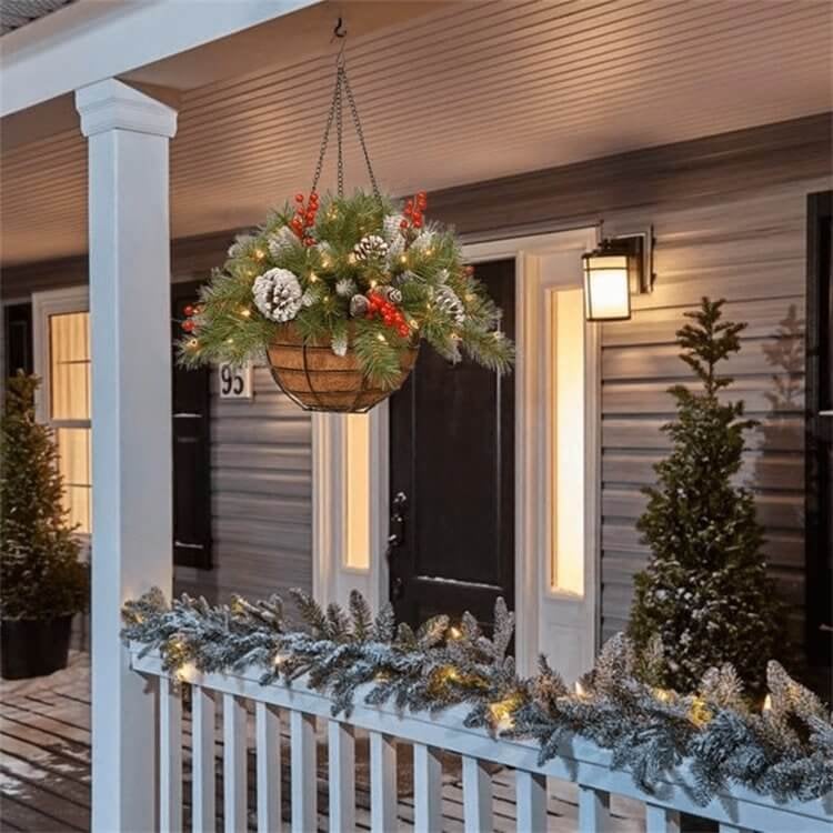 Christmas Hanging Basket - Flocked with Mixed Decorations and White LED Lights - Frosted Berry