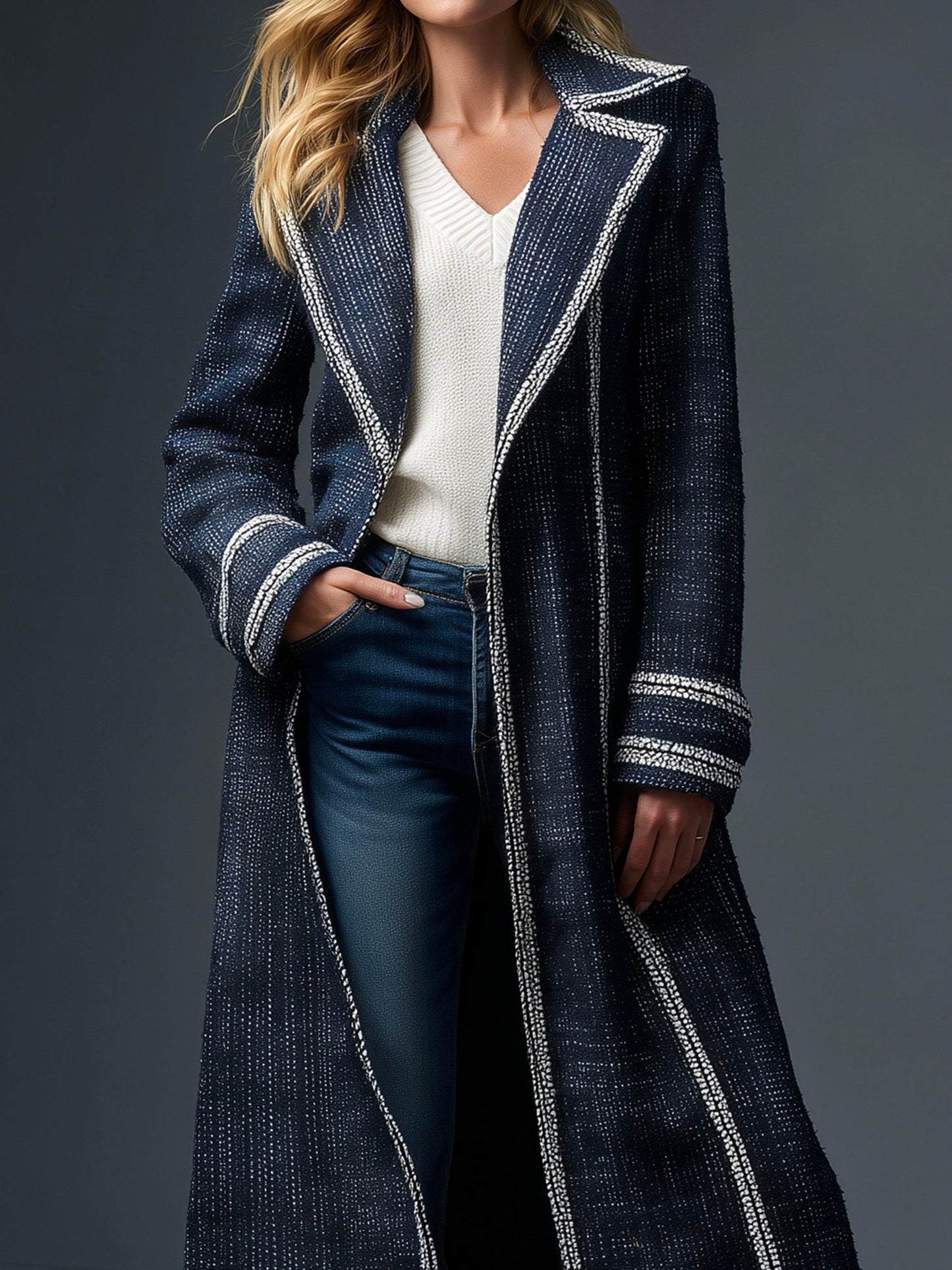 Vintage Navy Double-Braided Trim Long Tweed Jacket