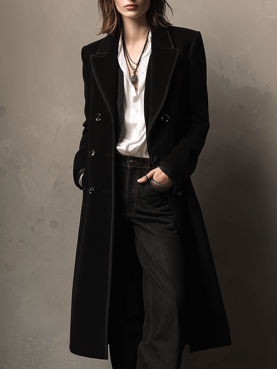 Classic Black Long Wool Tailored Silhouette Coat