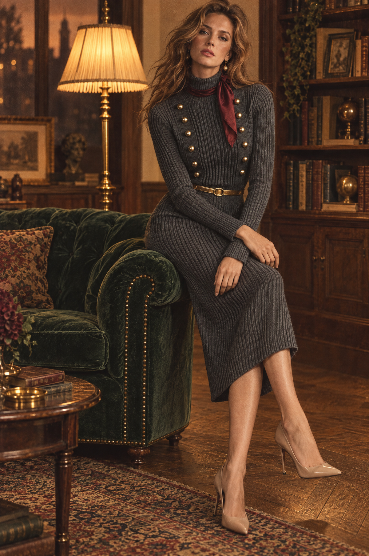 Napoleonic style Ribbed Knit Midi Sweater Dress With Gold Button Detail