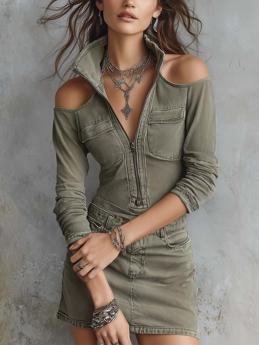 Retro Denim Cold-Shoulder Utility Zip Front Mini Dress