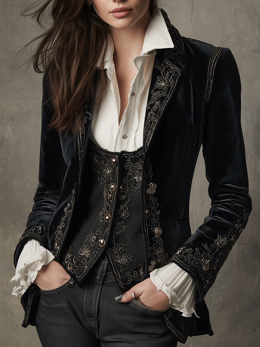 Elegant Black Velvet Embroidered Blazer