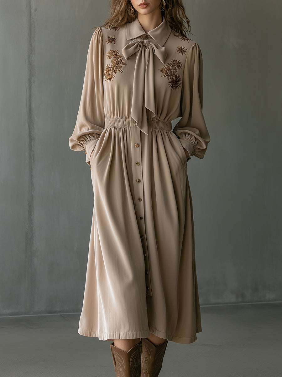 Vintage Romantic Golden Taupe Bow-Tie Embroidered Midi Dress