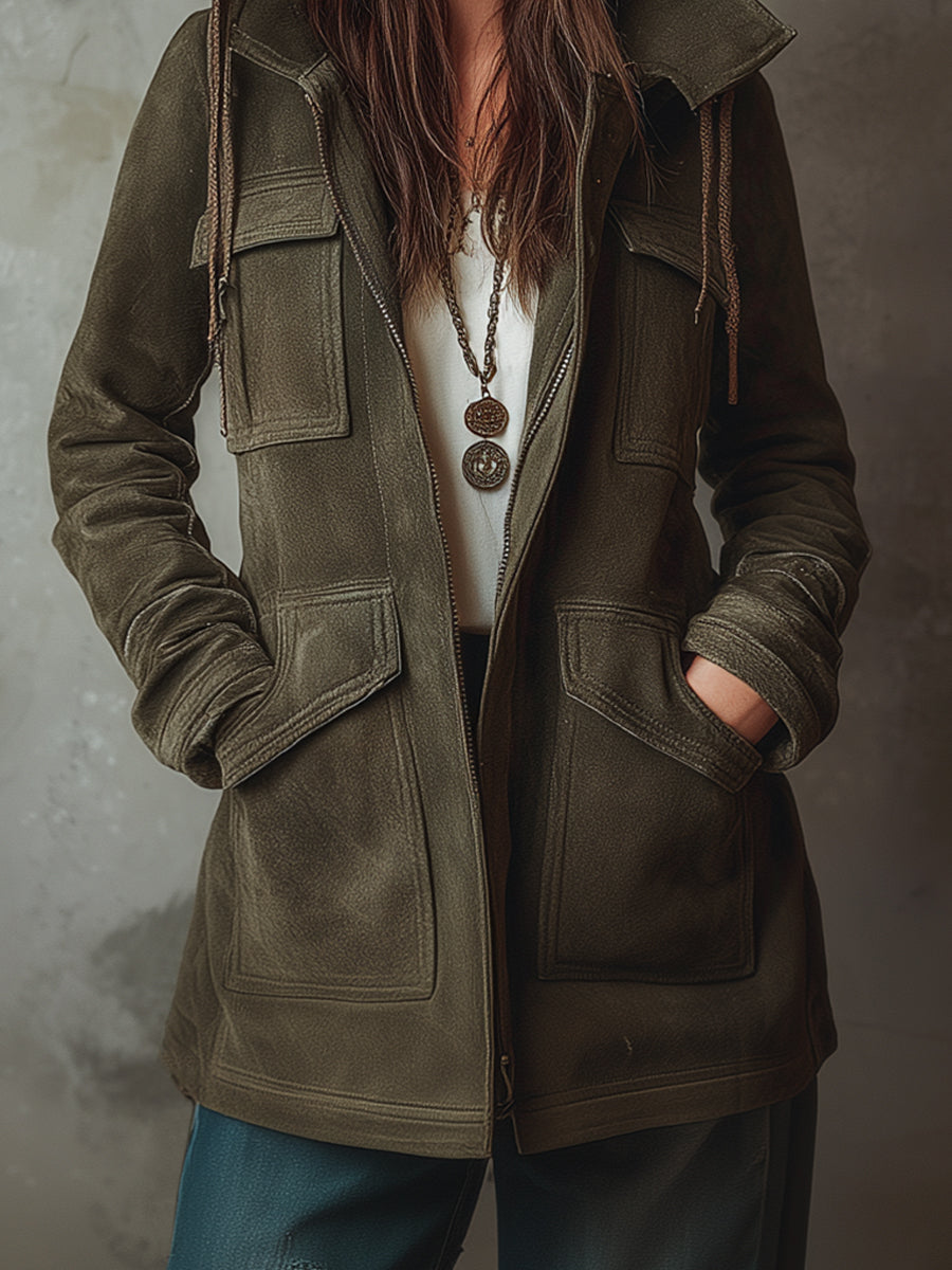 Retro Eco-friendly Suede Cargo Pocket Hooded Jacket