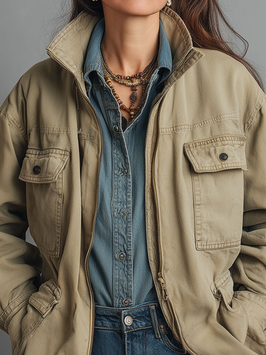Retro High Collar Front Zip Cargo Pocket Jacket