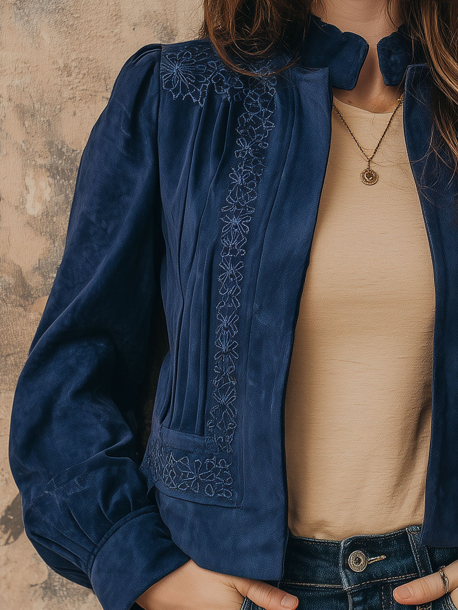 Vintage Embroidered Puff Sleeve Suede Stand Collar Jacket