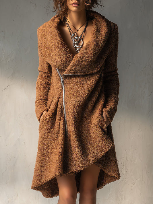 Polar Fleece Large Lapel Diagonal Placket High-low Hem Coat