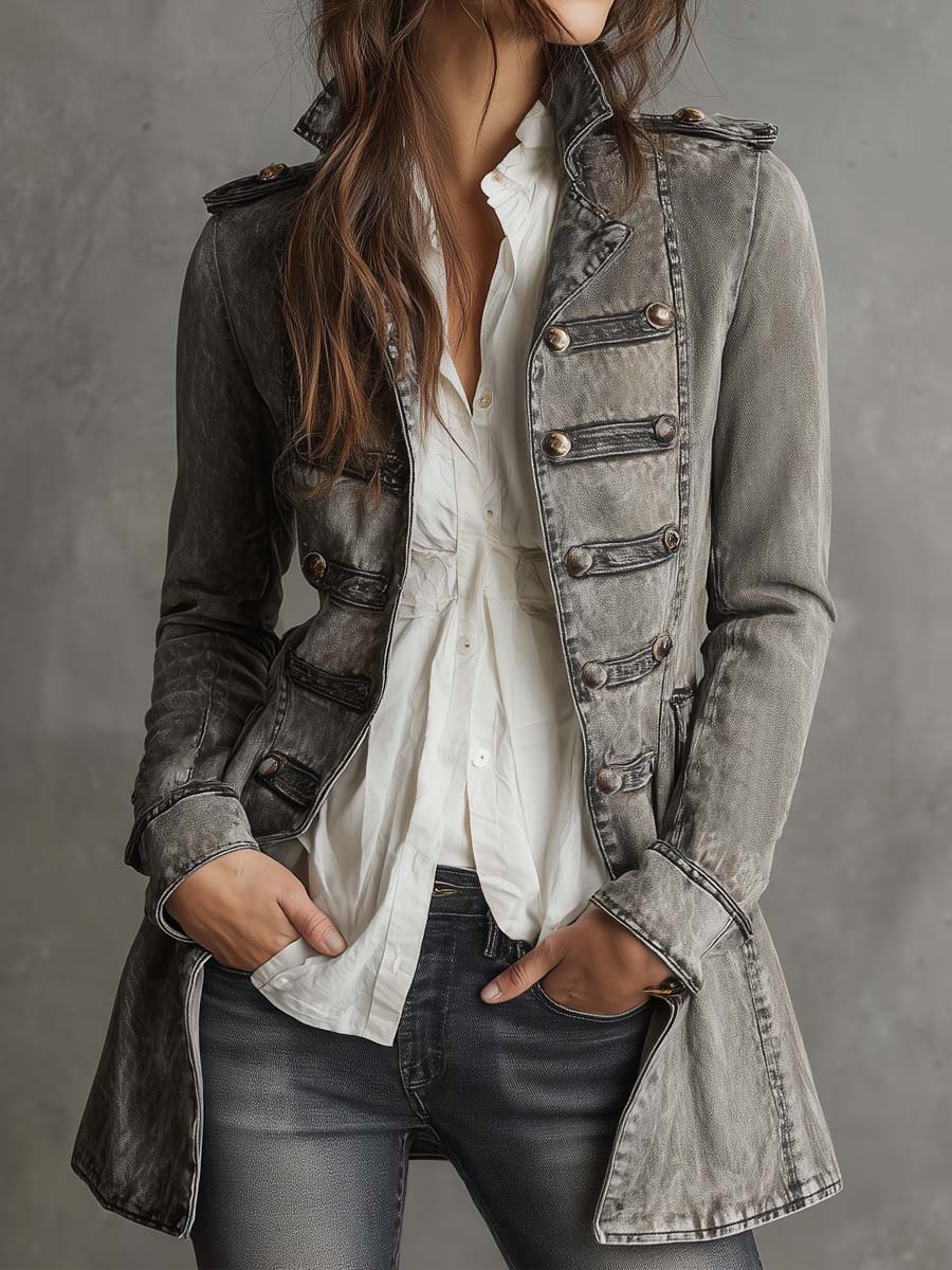 Retro Military Style Washed Denim Jacket