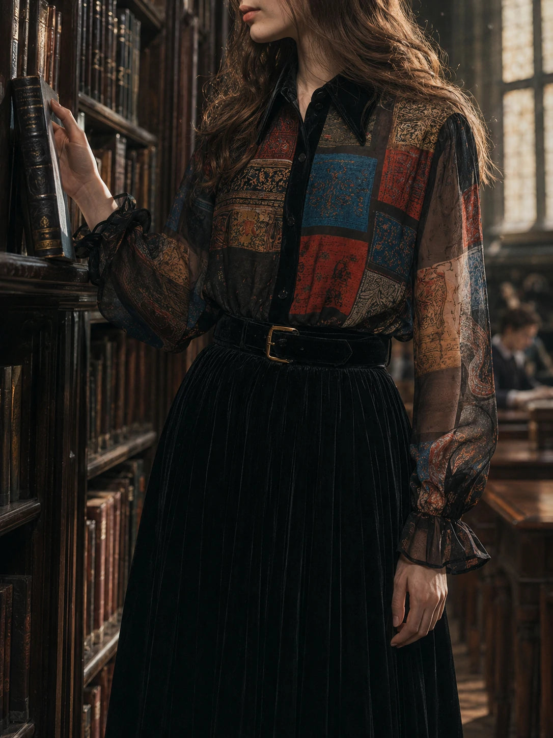 Retro Printed Velvet Patchwork Chiffon Balloon Sleeve Blouse